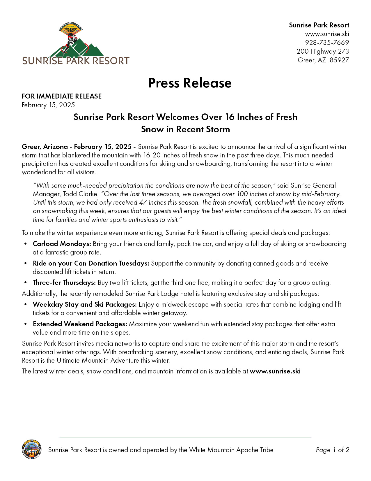 Press Release: Over 16 Inches Storm Total